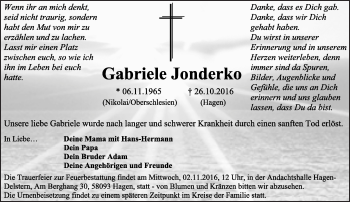 Traueranzeige von Gabriele Jonderko von Trauerportal Rhein Main Presse