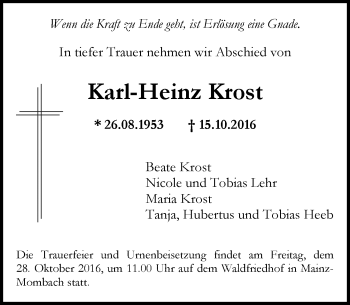 Traueranzeige von Karl-Heinrich Krost von Trauerportal Rhein Main Presse