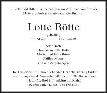 Traueranzeige von Lotte Bötte von Trauerportal Rhein Main Presse