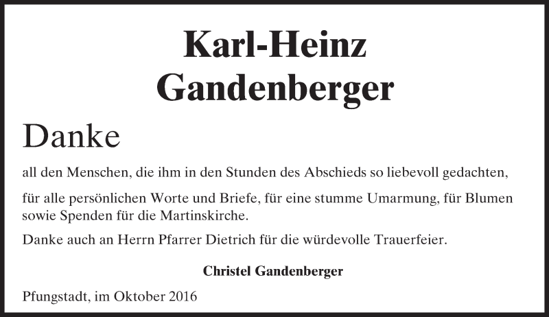  Traueranzeige für Karl-Heinz Gandenberger vom 15.10.2016 aus Trauerportal Echo Online