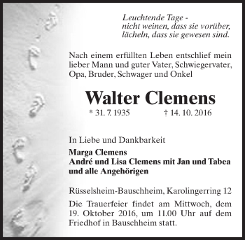 Traueranzeige von Walter Clemens von Trauerportal Rhein Main Presse