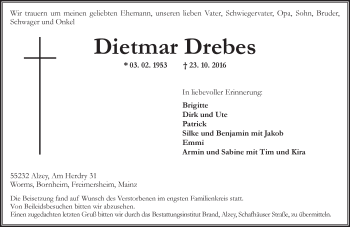 Traueranzeige von Dietmar Drebes von Trauerportal Rhein Main Presse