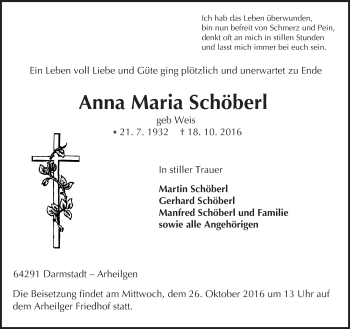 Traueranzeige von Anna Maria Schöberl von Trauerportal Echo Online