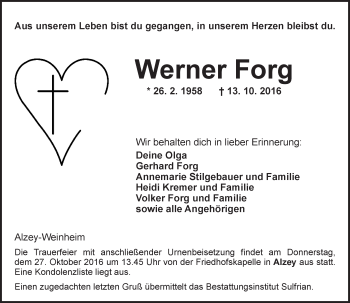 Traueranzeige von Werner Forg von Trauerportal Rhein Main Presse