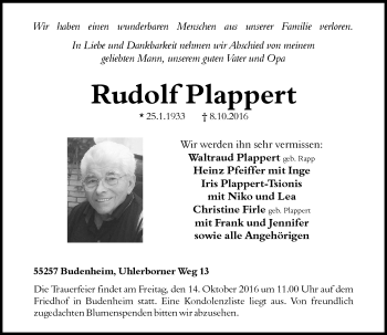 Traueranzeige von Rudolf Plappert von Trauerportal Rhein Main Presse