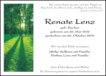 Traueranzeige von Renate Lenz von Trauerportal Rhein Main Presse