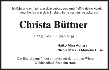 Traueranzeige von Christa Büttner von Trauerportal Echo Online