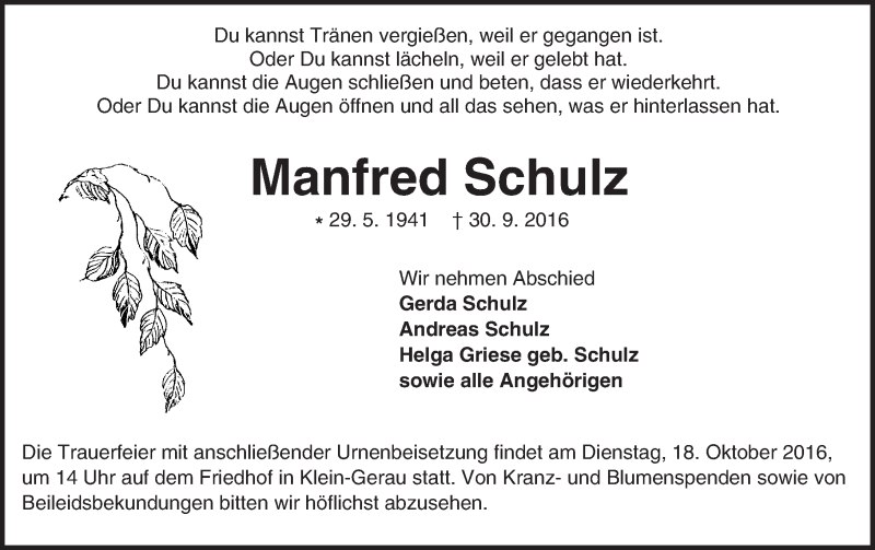 Traueranzeige für Manfred Schulz vom 08.10.2016 aus Trauerportal Echo Online