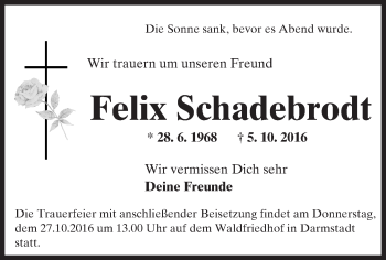 Traueranzeige von Felix Schadebrodt von Trauerportal Echo Online