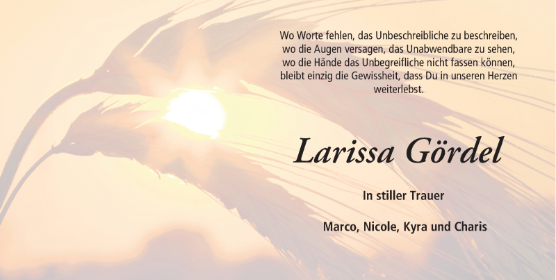  Traueranzeige für Larissa Gördel vom 14.10.2016 aus Trauerportal Rhein Main Presse