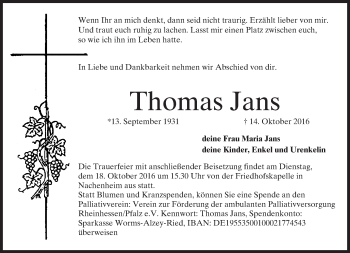 Traueranzeige von Thomas Jans von Trauerportal Rhein Main Presse