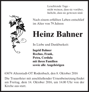 Traueranzeige von Heinz Bahner von  Kreisanzeiger