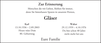 Traueranzeige von Karl und Walter Gläser von Trauerportal Echo Online