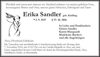 Traueranzeige von Erika Sandler von Trauerportal Rhein Main Presse