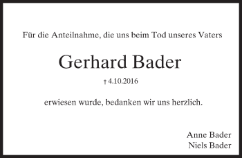 Traueranzeige von Gerhard Bader von  Gießener Anzeiger
