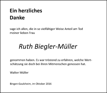 Traueranzeige von Ruth Biegler-Müller von Trauerportal Rhein Main Presse
