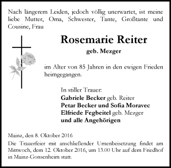 Traueranzeige von Rosemarie Reiter von Trauerportal Rhein Main Presse
