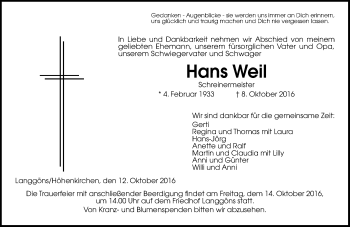 Traueranzeige von Hans Weil von  Gießener Anzeiger