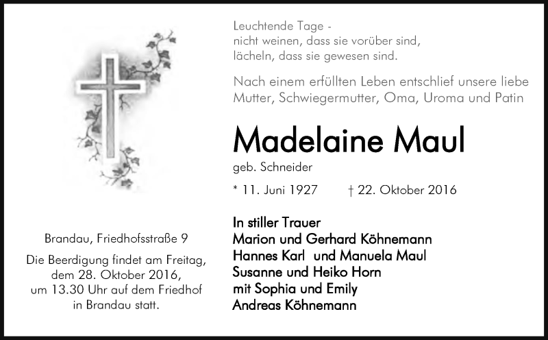  Traueranzeige für Madalaine Maul vom 26.10.2016 aus Trauerportal Echo Online