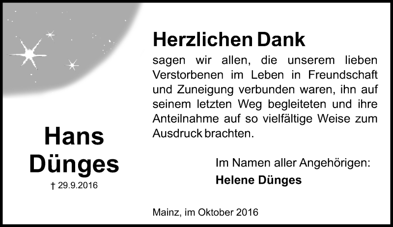  Traueranzeige für Hans Dünges vom 29.10.2016 aus Trauerportal Rhein Main Presse