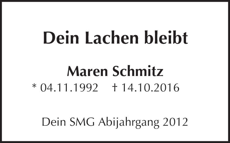  Traueranzeige für Maren Schmitz vom 24.10.2016 aus Trauerportal Rhein Main Presse