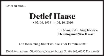 Traueranzeige von Detlef Haase von  Usinger Anzeiger