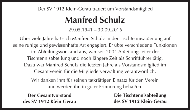  Traueranzeige für Manfred Schulz vom 15.10.2016 aus Trauerportal Echo Online