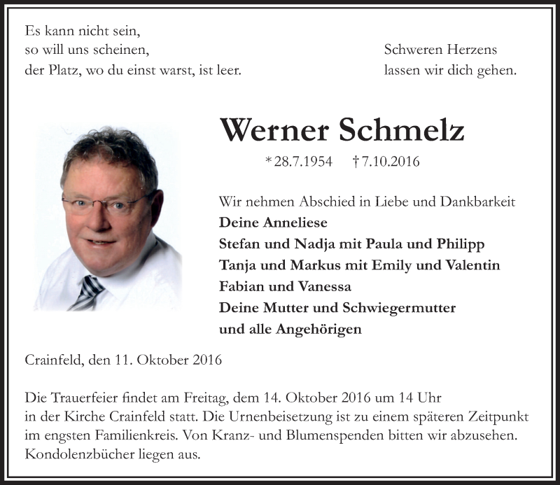  Traueranzeige für Werner Schmelz vom 11.10.2016 aus VRM Trauer
