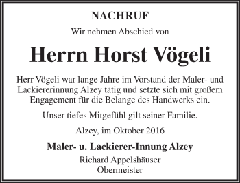 Traueranzeige von Horst Vögeli von Trauerportal Rhein Main Presse