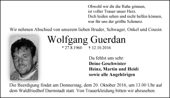 Traueranzeige von Wolfgang Guerdan von Trauerportal Echo Online