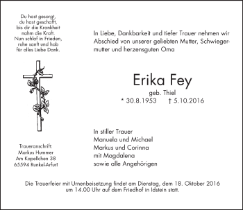 Traueranzeige von Erika Fey von Trauerportal Rhein Main Presse