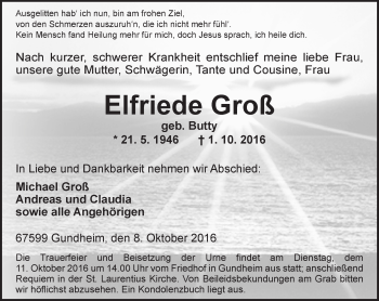 Traueranzeige von Elfriede Groß von Trauerportal Rhein Main Presse