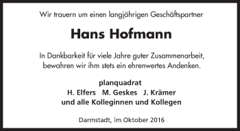Traueranzeige von Hans Hofmann von Trauerportal Echo Online