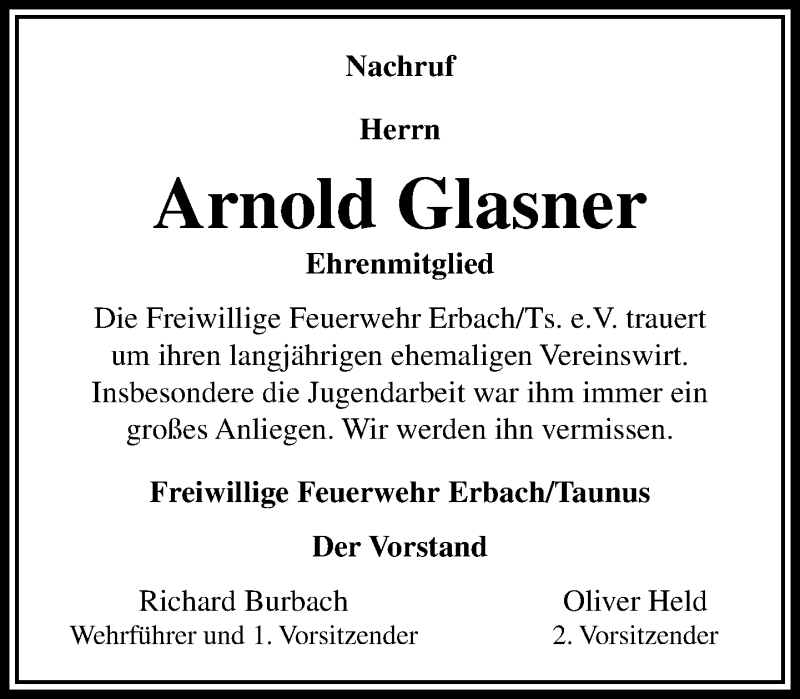  Traueranzeige für Arnold Glasner vom 06.10.2016 aus  Camberger Anzeiger