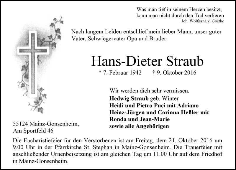  Traueranzeige für Hans-Dieter Straub vom 15.10.2016 aus Trauerportal Rhein Main Presse