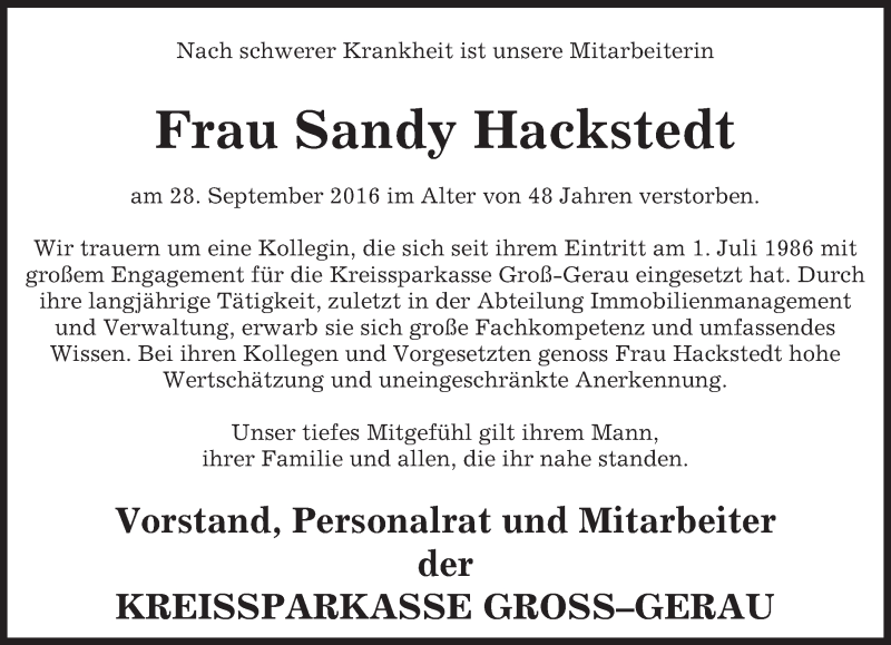 Traueranzeige für Sandy Hackstedt vom 08.10.2016 aus Trauerportal Echo Online