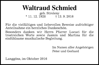 Traueranzeige von Waltraud Schmied von  Gießener Anzeiger