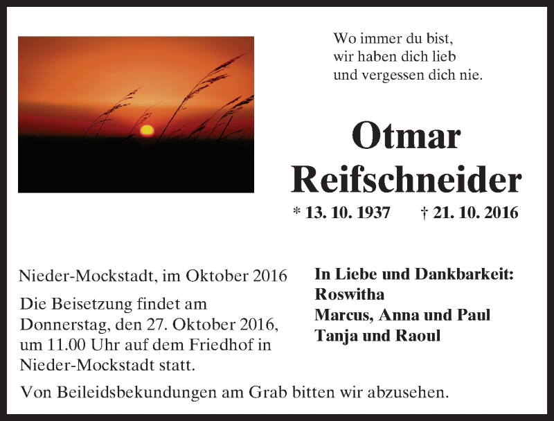  Traueranzeige für Otmar Reifschneider vom 26.10.2016 aus  Kreisanzeiger