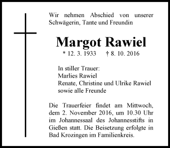 Traueranzeige von Margot Rawiel von  Gießener Anzeiger