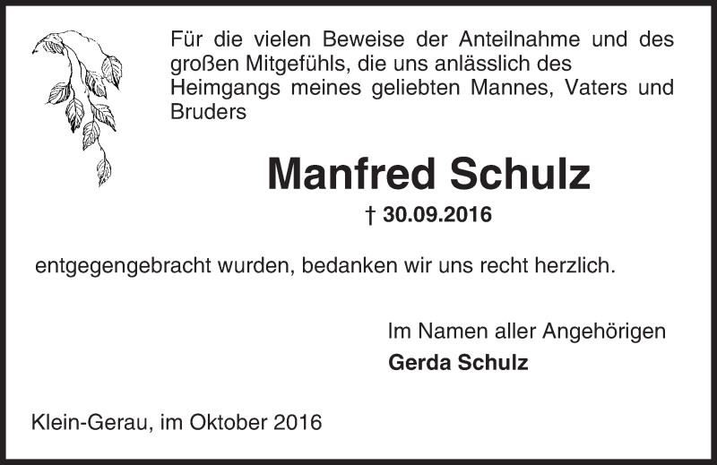  Traueranzeige für Manfred Schulz vom 29.10.2016 aus Trauerportal Echo Online