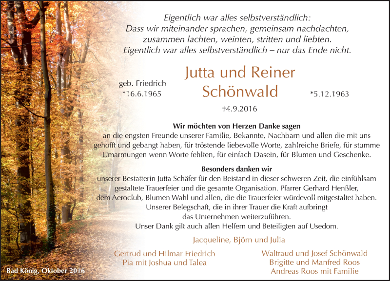  Traueranzeige für Jutta und Reiner Schönwald vom 15.10.2016 aus Trauerportal Echo Online