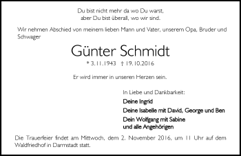 Traueranzeige von Günter Schmidt von Trauerportal Echo Online