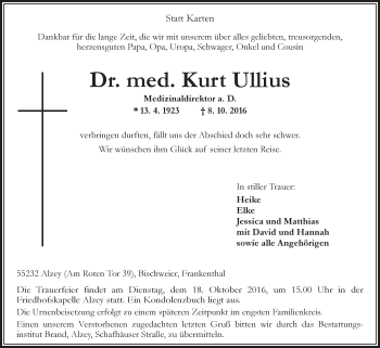 Traueranzeige von Kurt Ullius von Trauerportal Rhein Main Presse