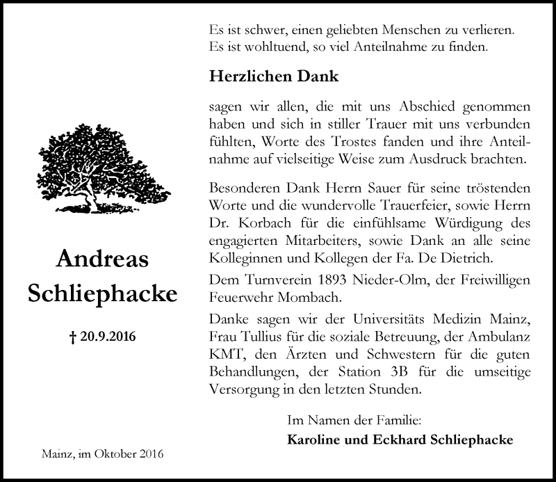  Traueranzeige für Andreas Schliephacke vom 22.10.2016 aus Trauerportal Rhein Main Presse