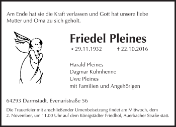 Traueranzeige von Friedel Pleines von Trauerportal Rhein Main Presse