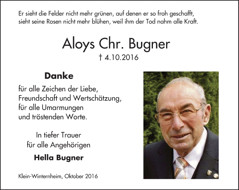  Traueranzeige für Aloys Chr. Bugner vom 29.10.2016 aus Trauerportal Rhein Main Presse