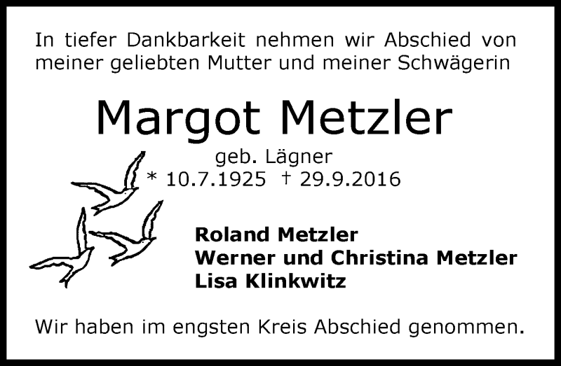  Traueranzeige für Margot Metzler vom 08.10.2016 aus Trauerportal Echo Online