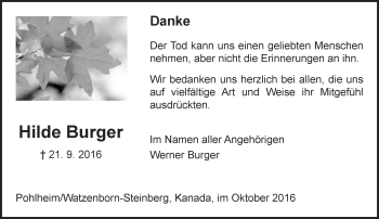 Traueranzeige von Hilde Burger von  Gießener Anzeiger