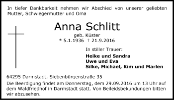 Traueranzeige von Anna Schlitt von  Darmstädter Echo