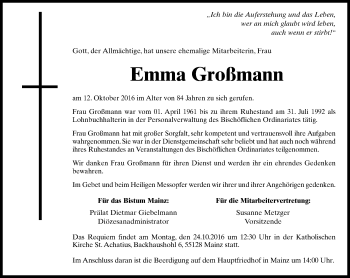 Traueranzeige von Emma Großmann von Trauerportal Rhein Main Presse